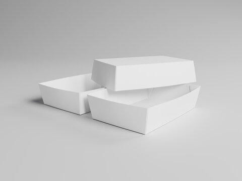 Realistic 3D Render Food Paper Tray Packaging Mockup Set on Studio Background. Blank Cardboard Food Box Container Mockup Set for Fast Food