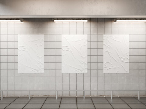 Realistic 3D Render Subway Station Glued Poster Mockup Set on Tiled Wall. Triple Outdoor Street Advertising Poster Mockup with Overhead Lighting
