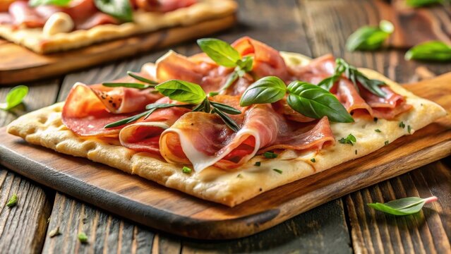 Delicious Board with Fresh Prosciutto and Basil on Rustic Wood Surface