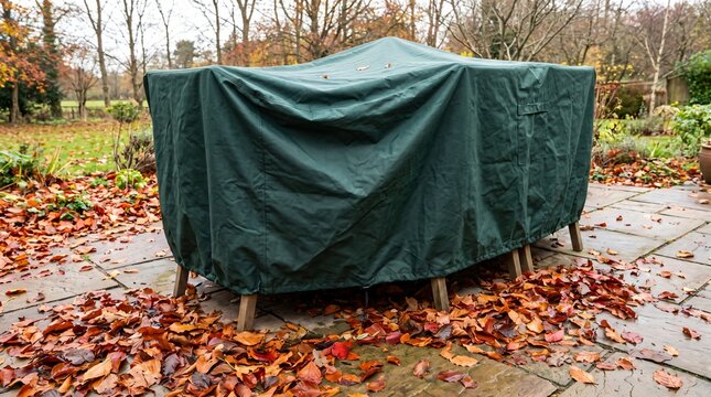 Covered Garden Furniture on a Leaf Strewn Patio Showing Seasonal Change