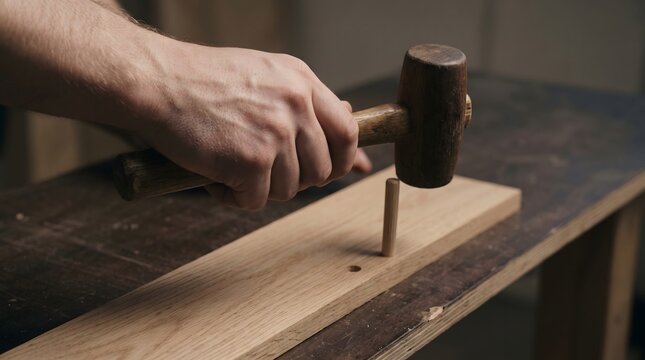 Carpenter hand using wooden mallet to hit dowel into wood plank.