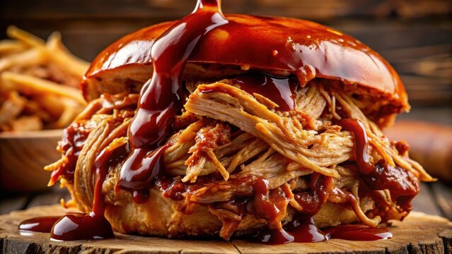 Juicy Pulled Pork Sandwich with Barbecue Sauce and Side of Fries