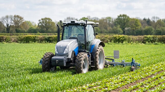Driverless Autonomous Tractor in a Green Crop Field Showing Smart Farming