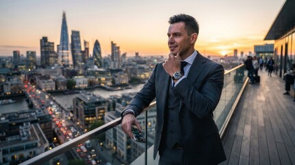 Fototapeta premium Businessman standing overlooking city skyline on rooftop terrace
