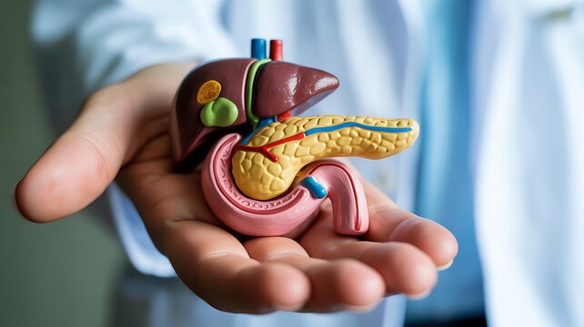 Human hand holding a detailed anatomical model of the digestive system