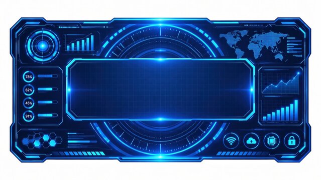 Blue digital technology interface frame with data and charts display