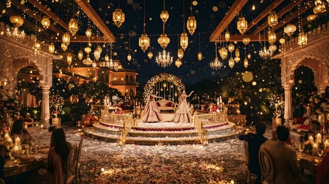 Grand outdoor indian wedding reception with two women dancing on a decorated stage under hanging lanterns and starry night sky