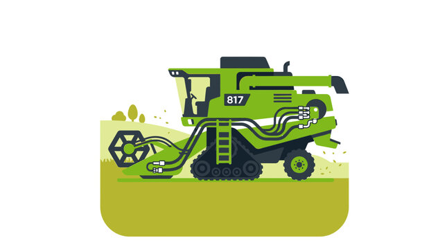 Green Combine Harvester Working on Field