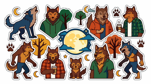 Cartoon Werewolves and Wolves in Various Poses