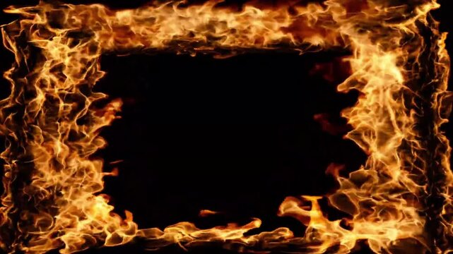 Blazing fire frame border burning with bright flames on black background