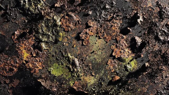 Close up of old rusty metal surface with peeling paint and textured corrosion details