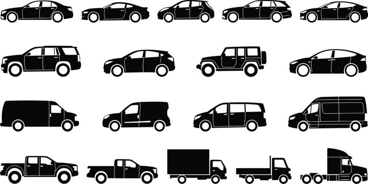 Automobile and commercial transport vehicles solid black silhouette icons vector set featuring side view profiles of sedan coupe suv hatchback pickup van and freight trucks.