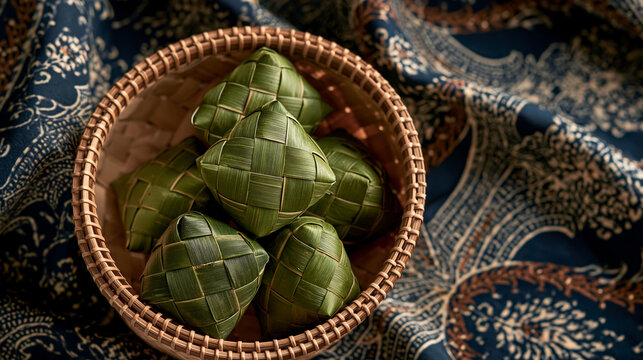 Traditional woven bamboo basket filled with green ketupat rice dumplings resting on an ornate patterned textile. Perfect for Hari Raya festive celebration concepts.