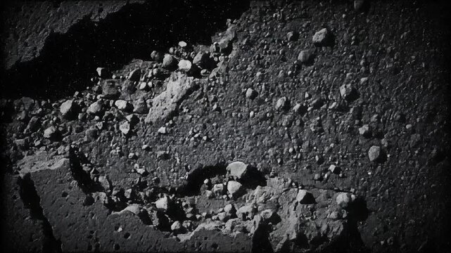 Close up of cracked concrete surface with rough texture and broken stones in black and white