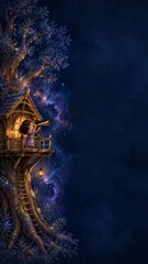Obraz premium Whimsical Watercolor Childrens Book Illustration of Cosmic Treehouse with Copy Space, Vertical Mobile Story Layout
