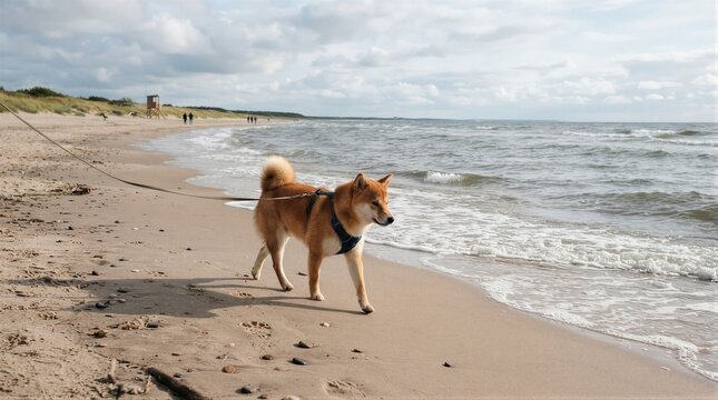 Shiba inu walking on sandy beach shoreline by the sea