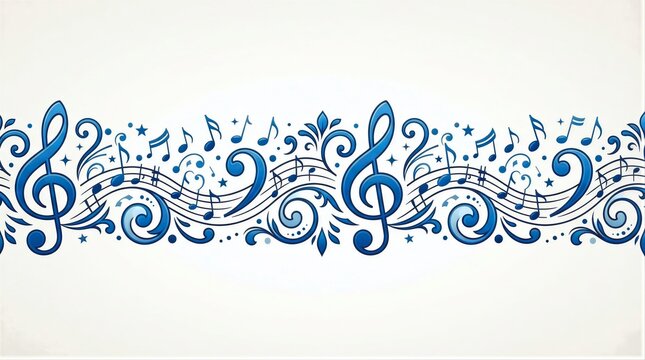 Blue musical notes and treble clef decorative border pattern