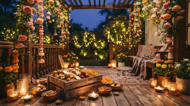 Festive diwali celebration setup with traditional indian sweets, diyas, and flowers on a wooden deck at twilight with warm fairy lights