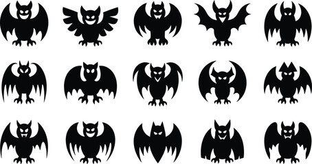 Obraz premium Fifteen black silhouette bat with spread wings and sharp teeth for halloween themed projects on a white background.