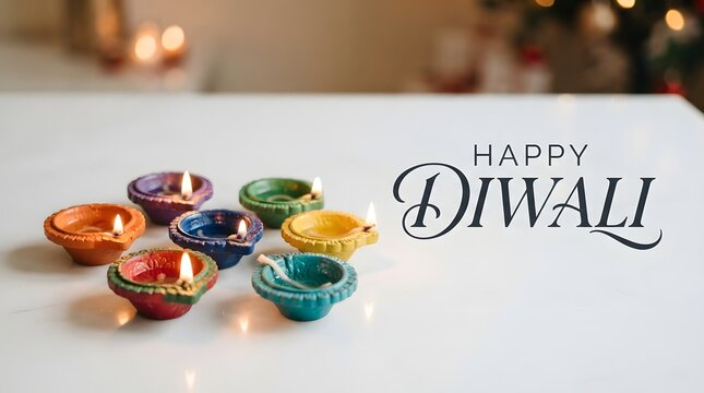 Happy diwali greeting with colorful lit clay diyas isolated on white background