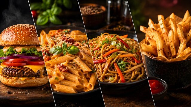 Gourmet Food Collage with Burger Pasta Hakka Noodles and Crispy French Fries