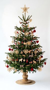 Beautifully decorated Christmas tree with natural ornaments and warm lights