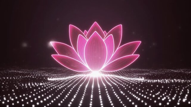 Abstract Glowing Pink Lotus Flower Animation on Digital Particle Field with Futuristic Zen Spirituality and Motion Graphics Background