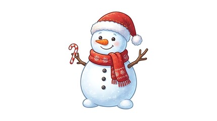 Fototapeta premium Cute Christmas snowman cartoon illustration wearing Santa hat and scarf holding a candy cane isolated on white background