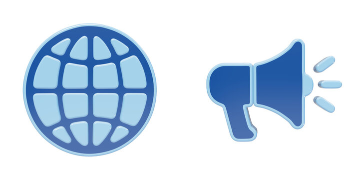 Global communication globe icon and megaphone symbol representing international marketing outreach and digital world wide connection