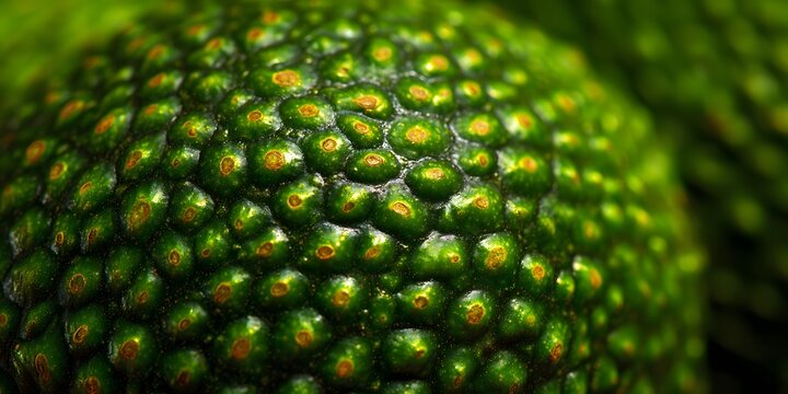 Closeup view of a green tropical fruit displaying its textured spiky skin with reddish brown tips.