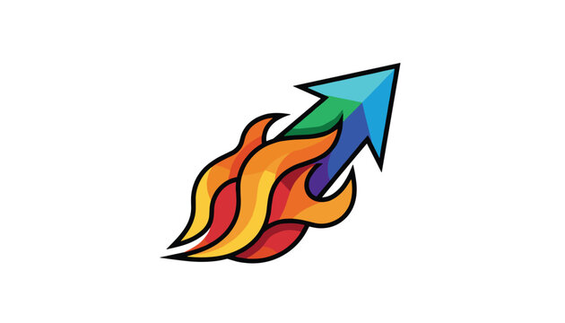 Colorful rocket arrow soaring upwards engulfed in bright fire flames, representing fast growth and innovation.