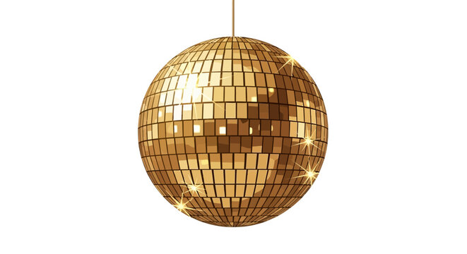 Polished golden disco ball with reflective mirror tiles. 3D vector illustration for party, nightclub, and celebration themes isolated on a white background.