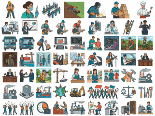 Naklejka premium Labor Day Essential Tools & Trades: Flat vector concepts featuring construction gear, hands at work, and unity icons.