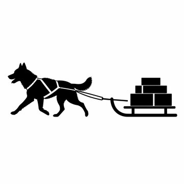 Black silhouette of a working sled dog in harness pulling a loaded wooden sled with cargo boxes. Side profile view of arctic transportation isolated on white background.
