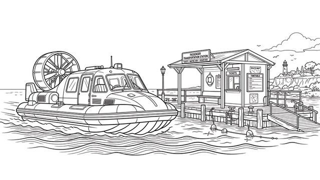 Hovercraft and dockhouse illustration white background.