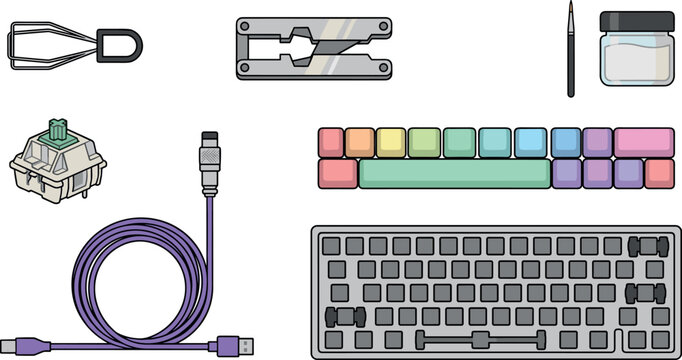 Custom Mechanical Keyboard Modification Kit with Keycap Puller Switch Opener Coiled Cable Lube Brush and Colorful Keycaps Vector Illustration