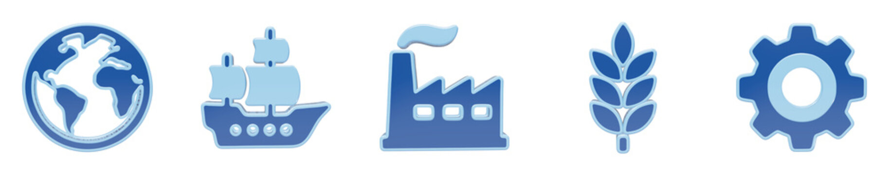 Set of blue industrial and logistical icons representing global trade and manufacturing processes for business web design