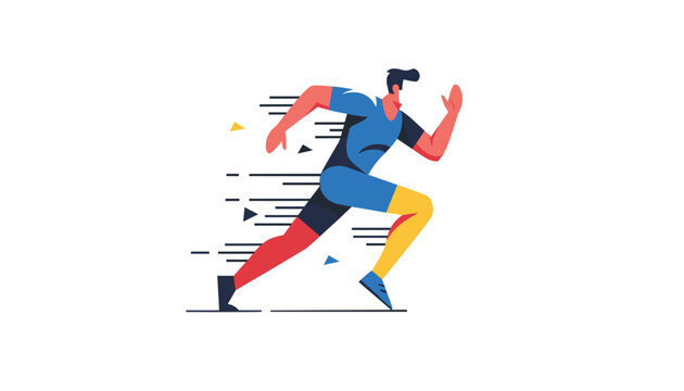 Active male athlete sprinting at full speed with dynamic movement lines in a flat vector design.