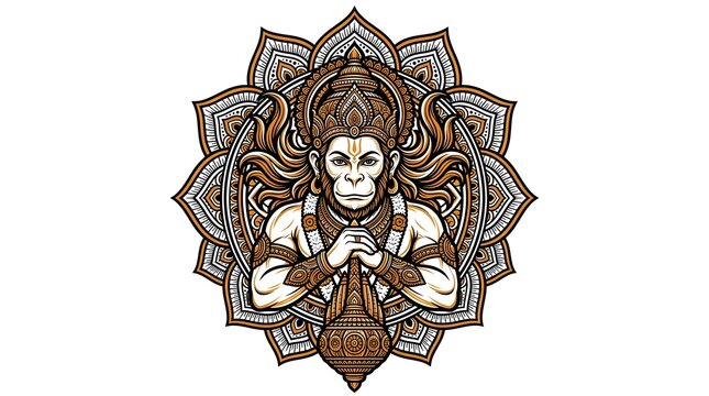 Hanuman vector illustration featuring intricate mandala background art and traditional deity design