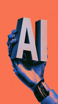 Robotic hand holding bold AI letters on orange background in retro print textured design
