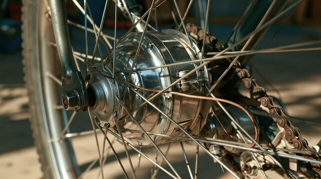 Close up macro of a bicycle dynamo hub laced into a front wheel in a calm balanced composition with room for text