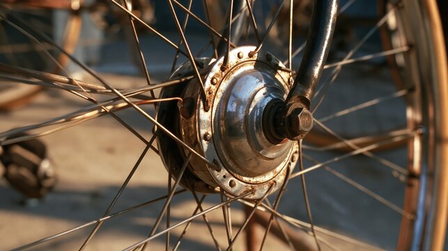 Close up macro of a bicycle dynamo hub laced into a front wheel with a clean modern look and quiet negative space