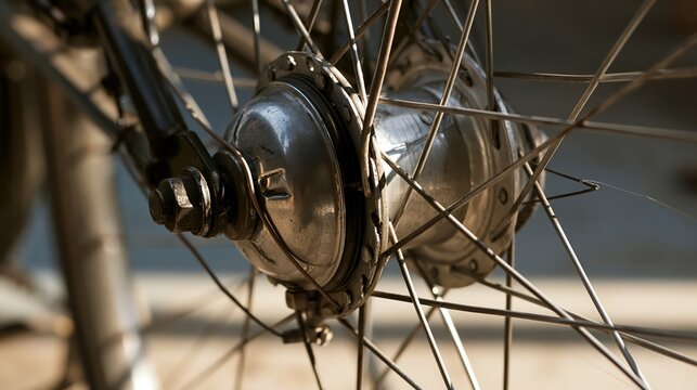 Close up macro of a bicycle dynamo hub laced into a front wheel captured with gentle contrast and minimal styling