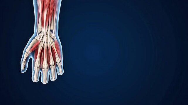 3D Medical Illustration of Intrinsic Hand Muscles, Tendons, and Carpal Bone Structure