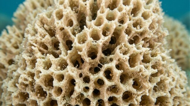 Natural sea sponge closeup showing porous texture underwater