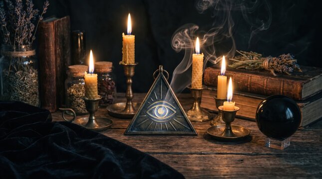 Mystical altar with candles books and eye of providence symbol