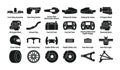 Fototapeta premium Formula 1 racing car parts and components icons for motorsport design.