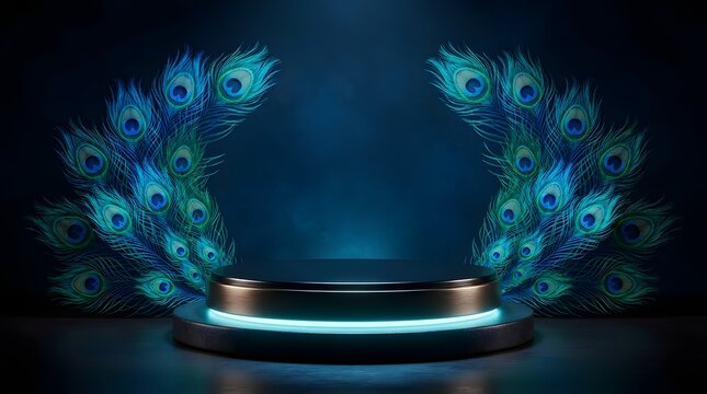 Elegant product display podium with neon lighting and peacock feathers on a dark blue background, perfect for luxury or festive product presentations