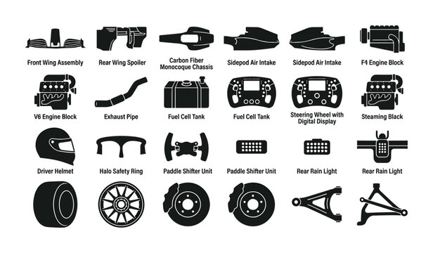 Formula 1 racing car parts and components icons for motorsport design.