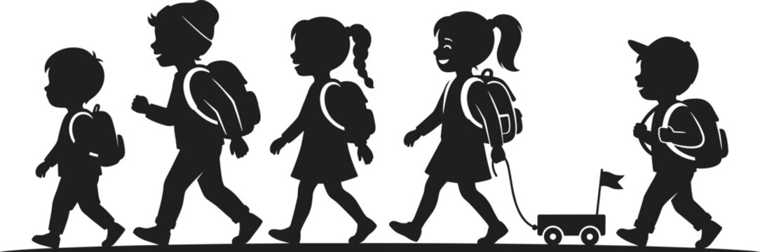 Black and white vector silhouettes of school children wearing backpacks walking in a row